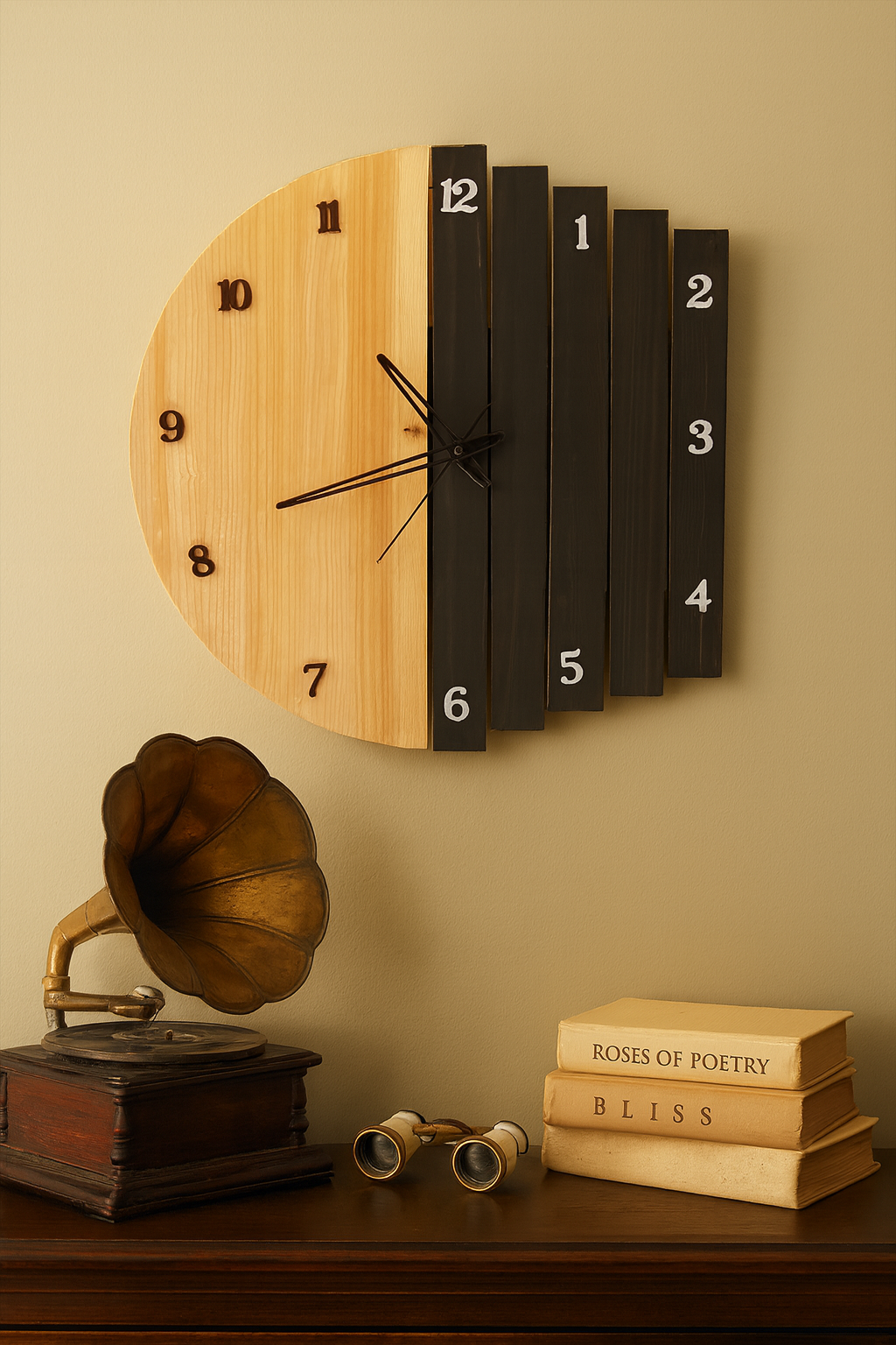 Dual tone half moon wooden wall clock – Exoticura
